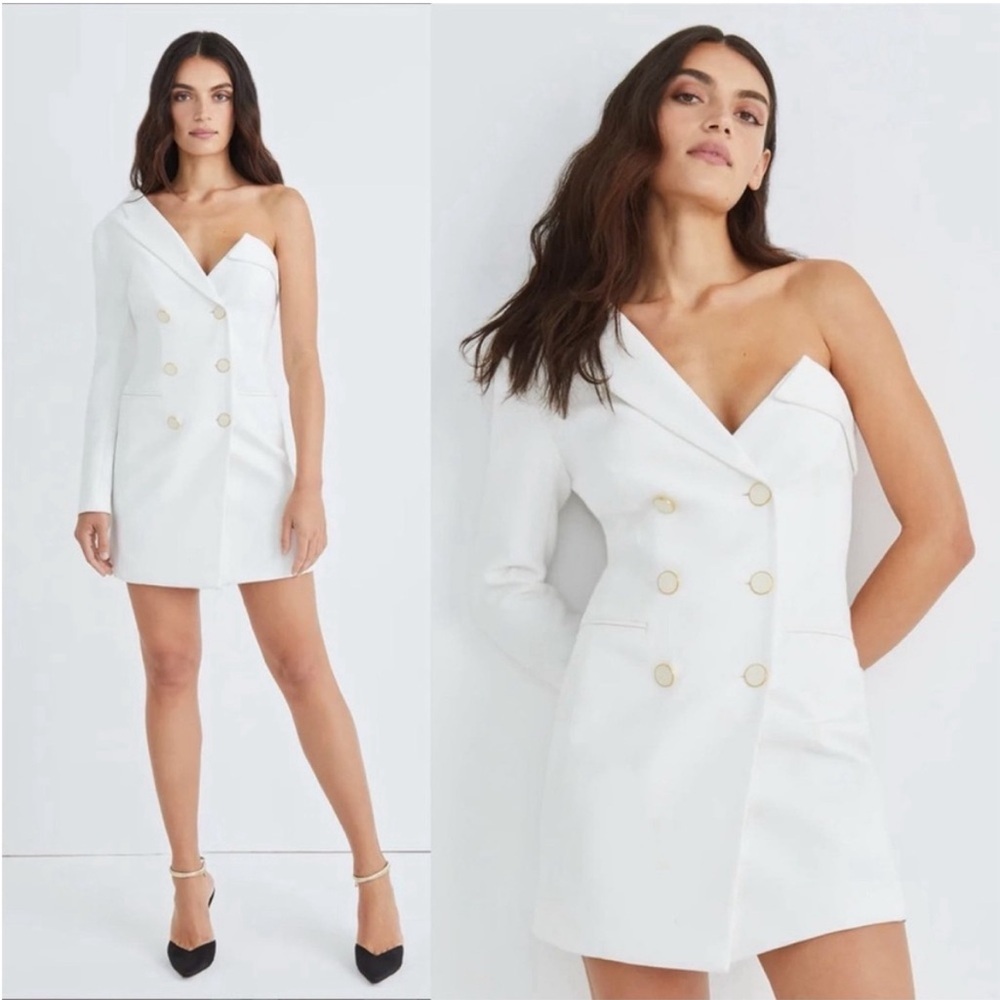 Veronica Beard White One-Shoulder Double-Breasted Blazer Dress